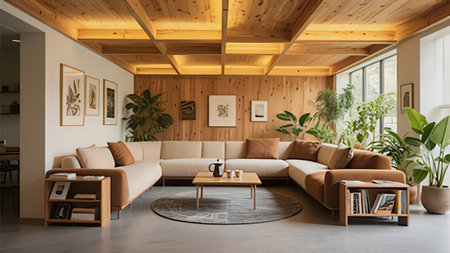 Interior of modern living room with wooden walls, concrete floor, beige sofa and coffee table. 3d renderの写真素材