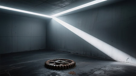 3d render of an abandoned industrial building with a bright neon lightの写真素材