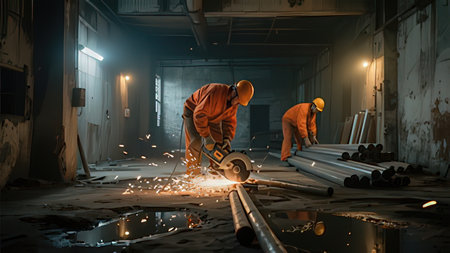 Industrial workers cutting steel with angle grinder in the factory.