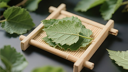 Fresh leaves of mulberry on a wooden tray, close-up