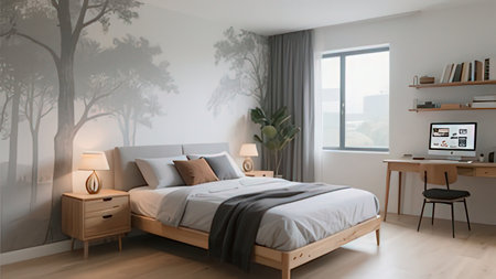 Modern bedroom interior design in scandinavian style. 3D rendering