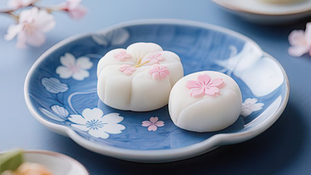 Japanese confectionery mochi with cherry blossom on blue plateの写真素材