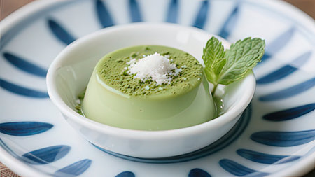 Green tea panna cotta with mint and sugar on a plateの写真素材