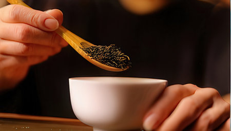 tea ceremony, close up of hands holding wooden spoon with black tea
