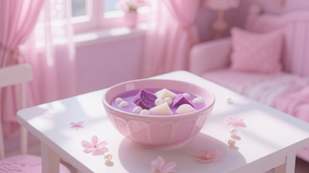 Sweet candies in a bowl on a white table in a pink room