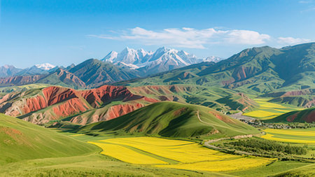 Panoramic view of colorful mountains in Kyrgyzstan.の写真素材
