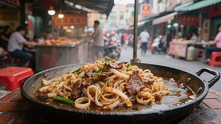 Chinese noodles with beef and vegetables in a pan on the street.