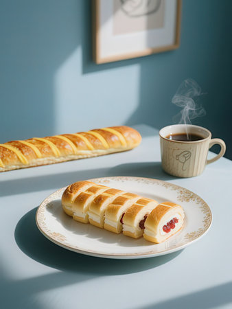 Cup of coffee and puff pastry with jam on white plate.