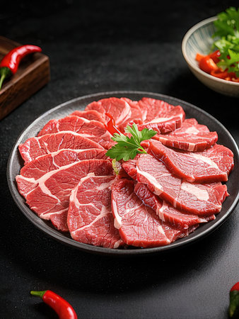 Raw beef sirloin slices on black plate with fresh parsley and chili pepper on black background