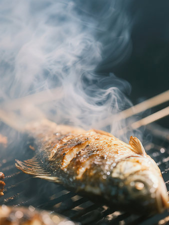 Grilled fish with smoke on the grill. Shallow dof.