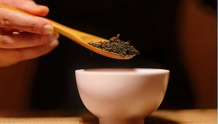 Close-up of woman's hand pouring black tea from spoon into cup.の写真素材