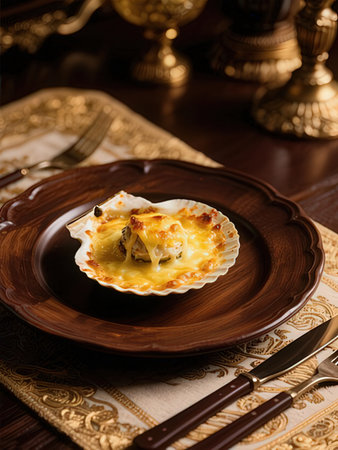 Creme brulee with cheese in a shell on a brown plateの写真素材