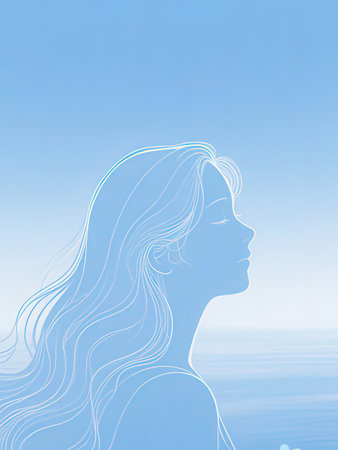 Illustration of a beautiful girl with long hair on blue sky backgroundの写真素材