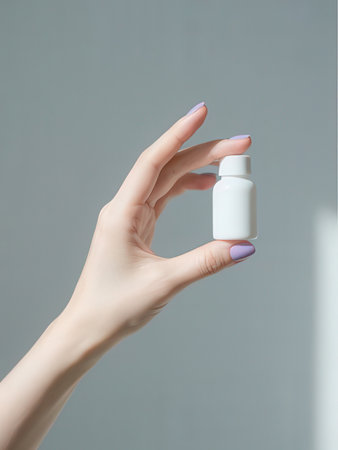 Nail polish bottle in female hand on gray background, closeupの写真素材