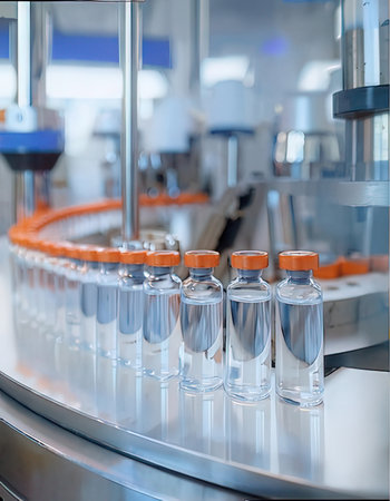 Covid-19 vaccine bottles on conveyor belt in modern laboratory