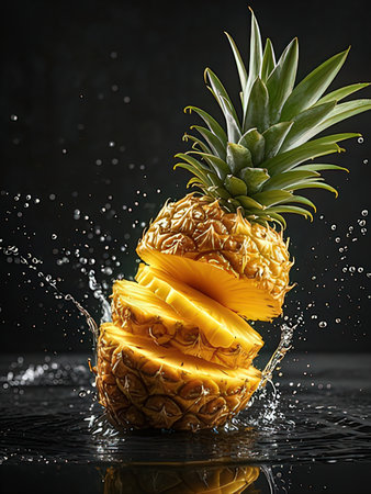 Pineapple slices with water splash on black background. Fresh fruit.の写真素材