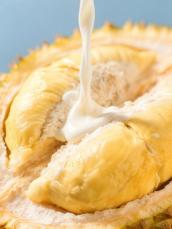 Pouring milk on durian fruit, close-up shot.の写真素材