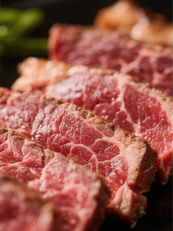 Slices of raw beef on black plate, close-upの写真素材