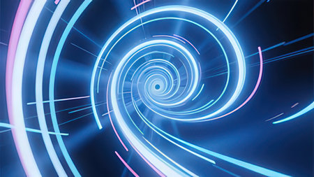 3d illustration of abstract neon tunnel with glowing lines in blue colors