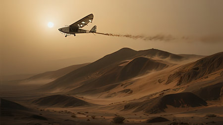 Flying saucer in the desert at sunset. 3D illustration.