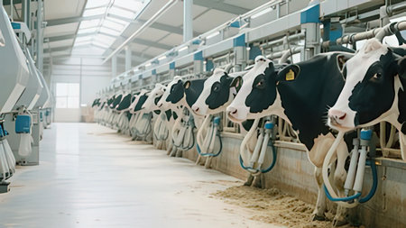 Cows in milking facility. Dairy cows in modern dairy farm