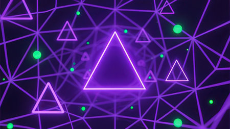 Glowing polygonal triangle with connecting dots and lines. Abstract futuristic background.