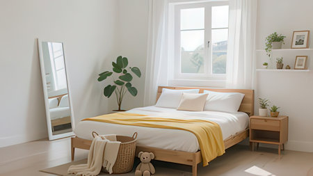 A child's bedroom with a bed and a window