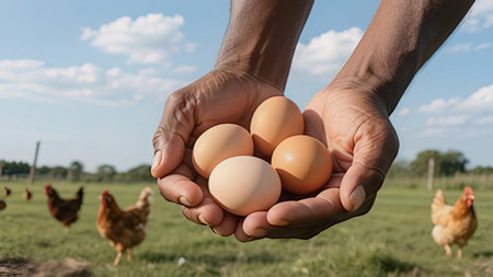 Eggs in the hands of a farmer on a background of hens