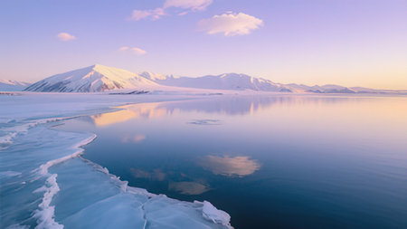 Panorama of snow-capped mountains and frozen lake at sunset