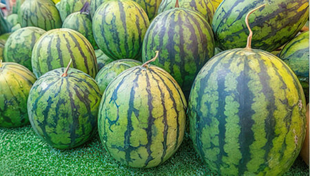 Watermelons on display at the farmers market. Close up.