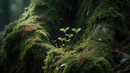 Small plants growing on a mossy tree trunk in the rainforestの写真素材