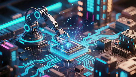 Robot on the background of a circuit board. 3d rendering