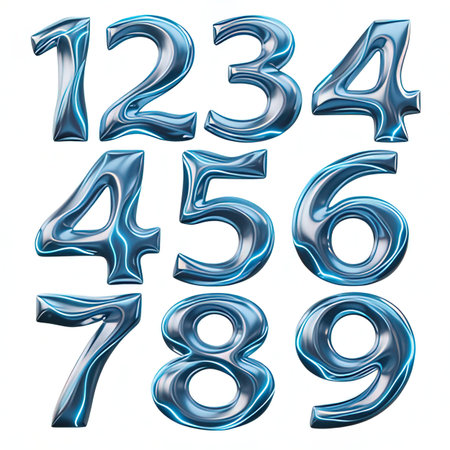Metal number set blue color isolated on white background 3d render.
