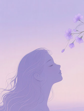 Illustration of a beautiful girl with flowers in her hair on a purple backgroundの写真素材