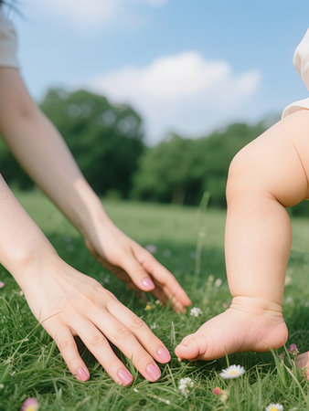 Close-up of mother and baby hands on grass in the parkの写真素材