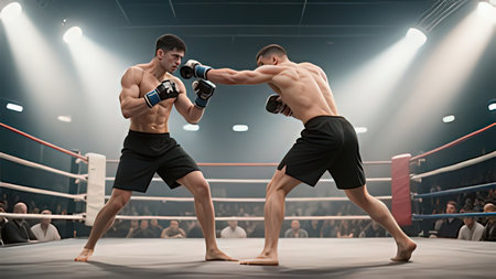 Two professional boxers fighting in the ring. The concept of mixed martial artsの写真素材