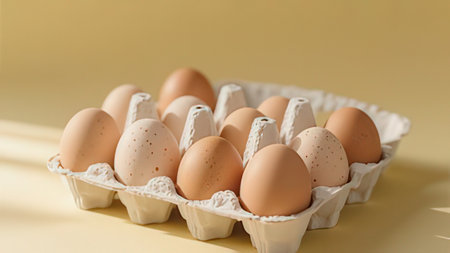 Eggs in a carton box on a yellow background.