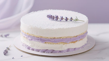 Lavender cake with lavender flowers on a white background.