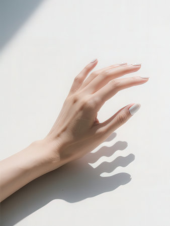 Female hand with beautiful manicure on white background, close-upの写真素材