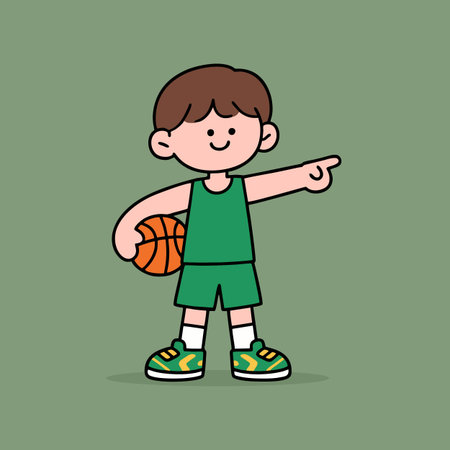 Little boy playing basketball. Vector illustration in flat style. Isolated on green background.のイラスト素材