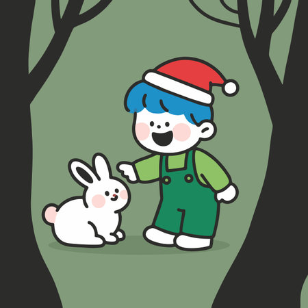 Cute boy and rabbit in the forest. Vector Illustration.のイラスト素材