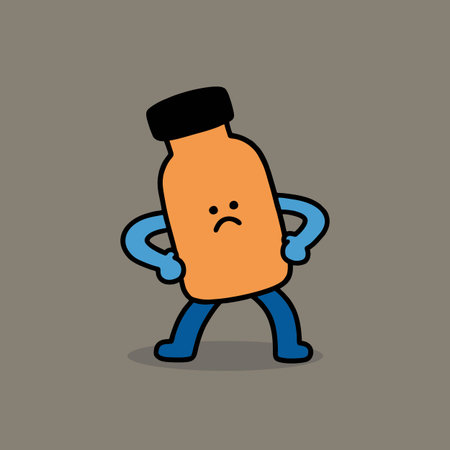 Cartoon vector illustration of a bottle of pills with a sad faceのイラスト素材