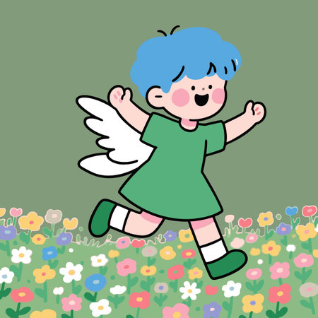 Cute cartoon boy with angel wings and flowers. Vector illustration.のイラスト素材