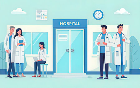 Vector illustration of doctors and patients in hospital corridor. Healthcare concept.の写真素材