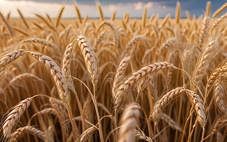 Golden ears of wheat close-up on a background of blue sky