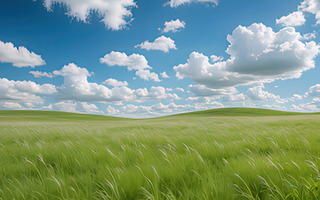 green meadow and blue sky with white clouds - 3d renderingの写真素材