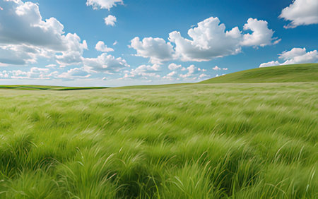 Green wheat field and blue sky with white clouds. Nature composition.