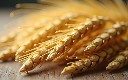 Ears of wheat on wooden table, closeup. Harvest conceptの写真素材
