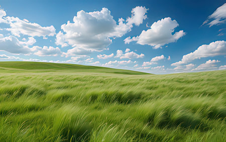 Green wheat field and blue sky with clouds. Nature background. Landscape.