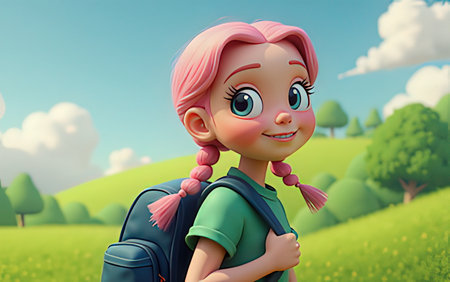 Cute little girl with backpack on green meadow. 3D renderingの写真素材